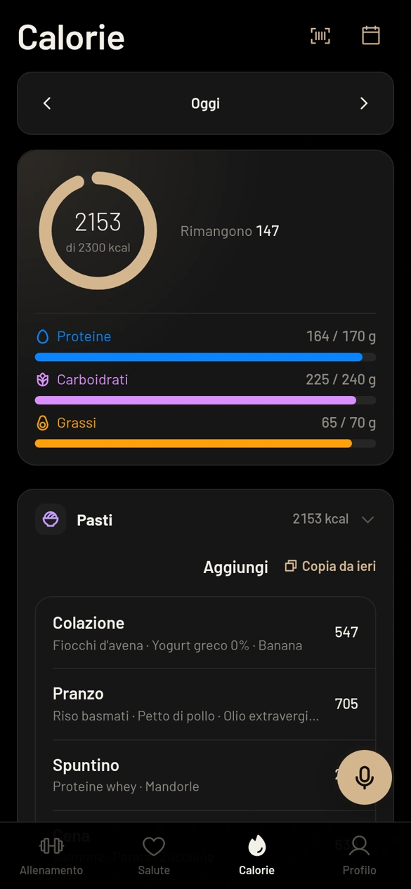 Brawn: nutrizione, schermata con dati dimostrativi